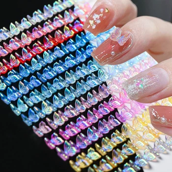 100шт 6 мм Подвески для ногтей с бабочкой Aurora, акриловые разноцветные стразы для дизайна ногтей, 3D Бабочки, Милые аксессуары для корейского маникюра