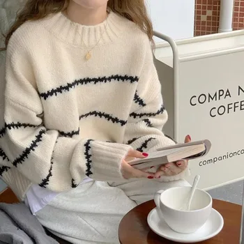 2023 свободный свитер женский утолщенный осенне-зимний полосатый свитер с длинными рукавами и полувысоким вырезом женский