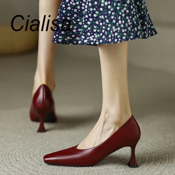 Cialisa/Женская обувь с квадратным носком; Коллекция 2023 года; Весенние Новые Туфли-лодочки из натуральной кожи; Вечернее Платье; Элегантная Женская Обувь на высоком каблуке 7,5 см; 40
