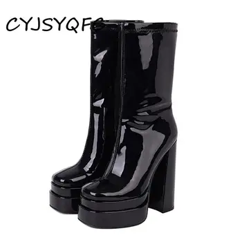 CYJSYQFC / Популярные женские Современные ботинки; Черные Ботинки Martin на платформе и Квадратном Каблуке с круглым носком и боковой молнией; Сапоги до середины икры на толстой подошве