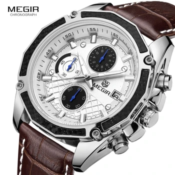MEGIR 2023 Новые Кожаные Классические Повседневные спортивные часы с Многофункциональным хронографом, Светящиеся кварцевые часы Relogio Masculino 2015G