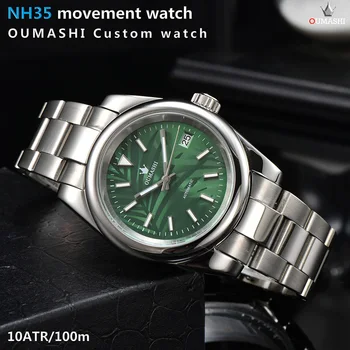 OUMASHI 39 мм мужские часы NH35 с серебряным ремешком, сапфировое стекло, светящийся циферблат, автоматические серебряные водонепроницаемые 100 м, асептические часы, зеленые