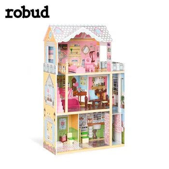 ROBUD Деревянный кукольный домик для детей, Миниатюрный кукольный Домик, имитирующий Кукольный дом с мебелью, игрушки для сборки, подарки детям на День рождения