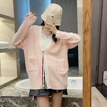 Высококачественная корейская мода, осенний кардиган в розовую вертикальную полоску, вязаный кардиган с V-образным вырезом контрастного цвета, длинное повседневное свободное пальто