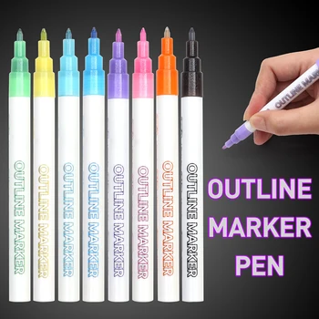 Двойная линейная ручка, 8 цветов, блестящий маркер, флуоресцентные контурные ручки для написания подарочных карт, рисования, поделок своими руками