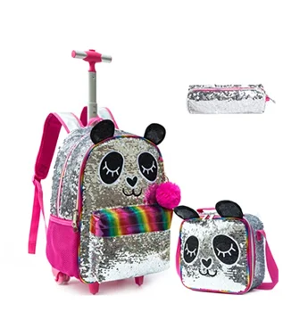 Детские Дорожные сумки, 3 шт., сумка для ланча, набор Ручек, Школьный рюкзак с Пандой для девочек на колесиках, рюкзаки на колесиках для тележки