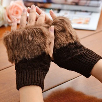 Женские Зимние вязаные перчатки, теплые плюшевые Шерстяные перчатки на полпальца, Осенние однотонные тепловые перчатки с сенсорным экраном