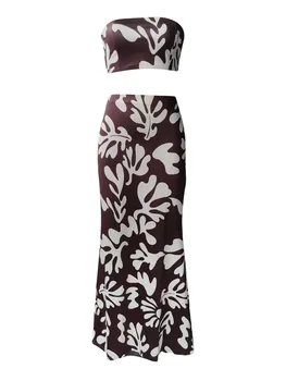 Женский укороченный топ с цветочным принтом, открытыми плечами и макси-юбка с высокой талией, летний комплект