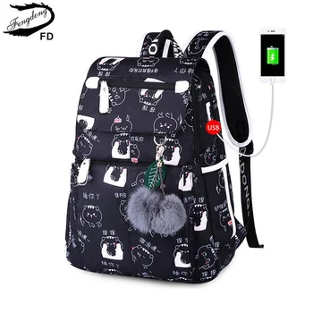 Женский школьный рюкзак Fengdong, школьные сумки usb для девочек, черный рюкзак, плюшевый мяч, школьная сумка для девочек, украшение в виде бабочки