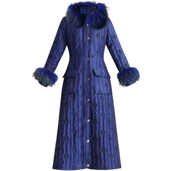 Женское зимнее жаккардовое пальто, парки с цветочной вышивкой, Космический хлопок, Плотное синее длинное пальто, качественная меховая куртка, пальто большого размера
