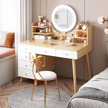 Зеркальный стул, светодиодный туалетный столик, Коричневый, для спальни, Многофункциональный Роскошный Туалетный столик, Классическая очаровательная мебель Tocador Maquillaje