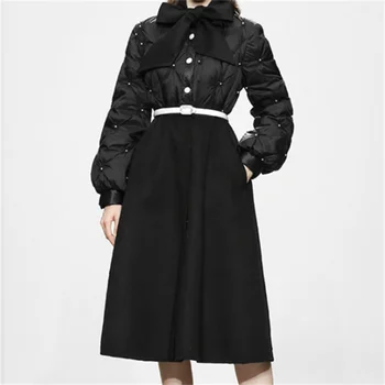 зимнее женское шерстяное хлопчатобумажное пальто с бусинами, черное, длинное, утолщенное до талии, выше колена, сращенное