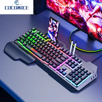 Игровая клавиатура с проводным интерфейсом USB 104 клавишами, клавиатура с подсветкой RGB, подставка для телефона, держатель для настольного компьютера, ноутбука, геймера