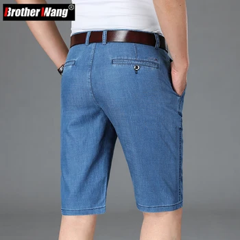 Классические летние мужские деловые джинсовые шорты из лиоцелловой ткани прямого кроя, стрейчевые короткие джинсы, мужские брендовые высококачественные черные синие