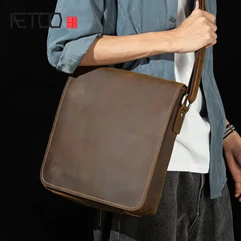 Кожаная сумка-мессенджер ручной работы AETOO, мужская сумка через плечо в стиле ретро crazy horse, повседневная простая мужская сумка из воловьей кожи верхнего слоя