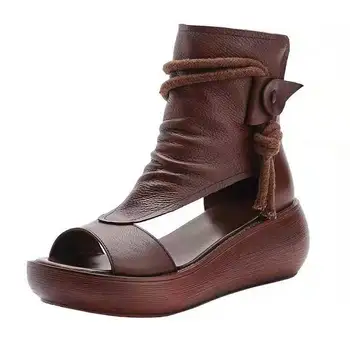 Летние Черные женские кожаные сандалии, Крутые ботинки, Обувь на платформе, сандалии на танкетке, Женская обувь, Модные уличные сандалии