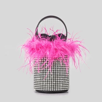 Модная Вечерняя сумочка с бриллиантами из страусиных перьев, Сетчатое ведро с кристаллами, Женские сумки, Роскошная сумка через плечо со стразами, маленькие кошельки для вечеринок