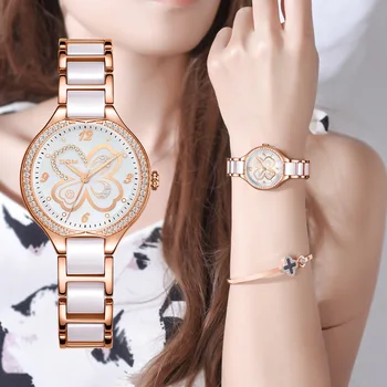 Модные Женские наручные часы с бриллиантами, керамический ремешок для часов, Топ, Роскошное брендовое платье, Женские Женевские кварцевые часы