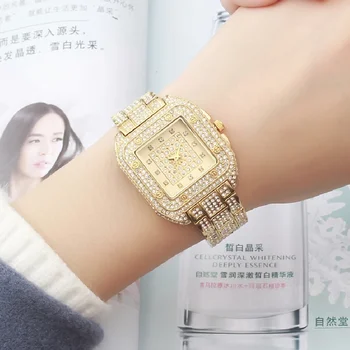 Новые Женские роскошные часы Iced Out Moissanite Кварцевые наручные часы Модный бренд Золотые Квадратные стальные ювелирные часы Подарок для дам