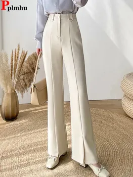 Офисные Расклешенные Костюмные брюки с разрезом, Корейские модные Формальные женские брюки, Повседневные Мешковатые прямые брюки с высокой талией