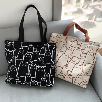 Парусиновые сумки, женская сумка для покупок, милая сумка-тоут с котом на молнии, дизайнерская сумка в японском стиле, мультяшные маленькие сумки через плечо
