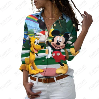 Повседневная женская рубашка с длинным рукавом с принтом Disney, Элегантный Повседневный топ, Свободный Кардиган-поло, Дышащая Быстросохнущая Офисная одежда