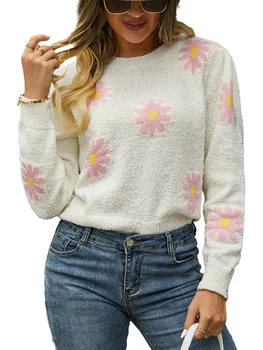 Полосатый пуловер с круглым вырезом, цветочным принтом и длинными рукавами-фонариками - Удобный зимний свитер на осень 2023