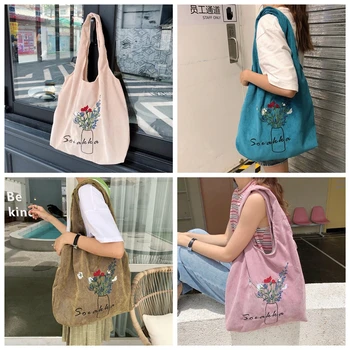 Розовая вельветовая сумка через плечо, женские сумки для покупок с милой цветочной вышивкой, Ins, модные сумки для студенческих книг для девочек, новинка 2022 года