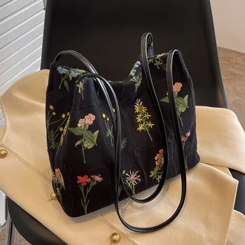 Ручная вышитая цветочная сумка-ведро, лето 2023, Роскошная дизайнерская сумка-тоут, Повседневная холщовая сумка через плечо большой емкости