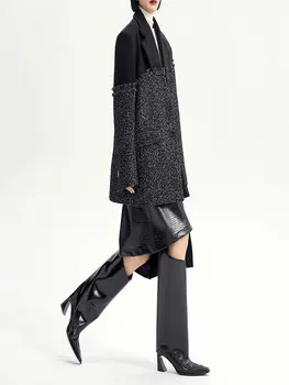 Свободное Черное Шерстяное Пальто Большого Размера, Шерстяное пальто в стиле Пэчворк, Асимметричные Куртки, Женская Мода сезона Осень-зима 2022
