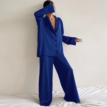 Сексуальный Модный Пижамный комплект с глубоким вырезом Для Женщин, Свободные Повседневные Брючные костюмы с Длинным рукавом, Однотонные Атласные Шелковые Женские Домашние Облегающие Топы 2-Pce
