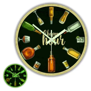 Счастливый час, Светящиеся настенные часы, Декор для паба, бара, винодельни, Время для вина, пива, Ночное видение, Светящиеся в темноте Часы, Подарки для любителей алкоголя