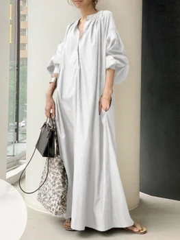 Темпераментное Белое Хлопчатобумажное Льняное платье, Элегантная Однотонная рубашка, Женский Халат с рукавом-фонариком 2023