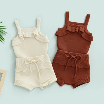 Трикотажные короткие комплекты для новорожденных девочек, летняя одежда 2023, Камзол без рукавов с эластичными шортами на талии, Наряд от 0 до 18 месяцев