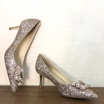 Шикарные свадебные туфли на высоком каблуке для женщин, цвет серебристый, золотой, на шпильке, с острым носком, без застежки, для вечеринки, банкета, Женские туфли-лодочки